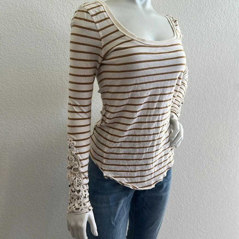 Free People Mustard Tuscaloosa Hard Candy Henley with Beaded Crocheted Cuffs